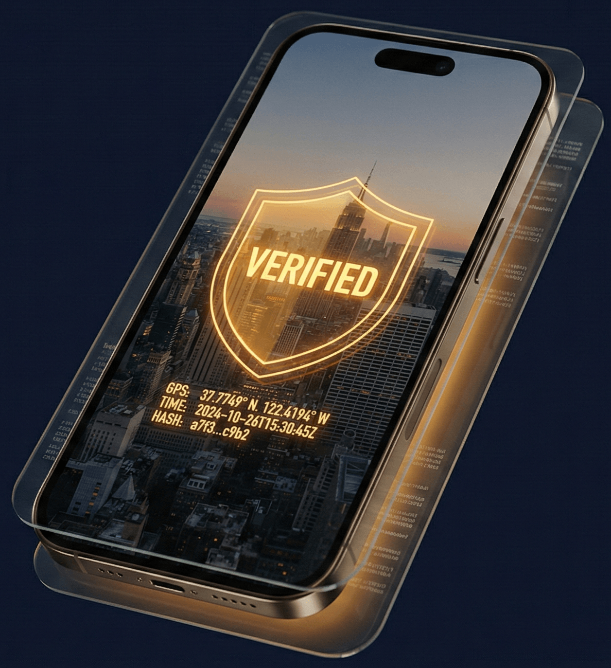 FareWitness verification interface showing a photo authenticated with GPS coordinates, timestamp, and cryptographic hash, sealed with a golden VERIFIED shield.